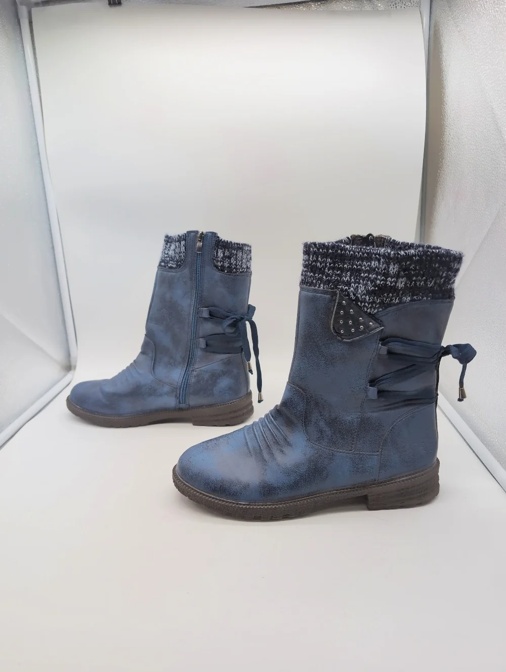 Women's Sz 10 Blue Knit-Top Mid-Calf Snow Boots